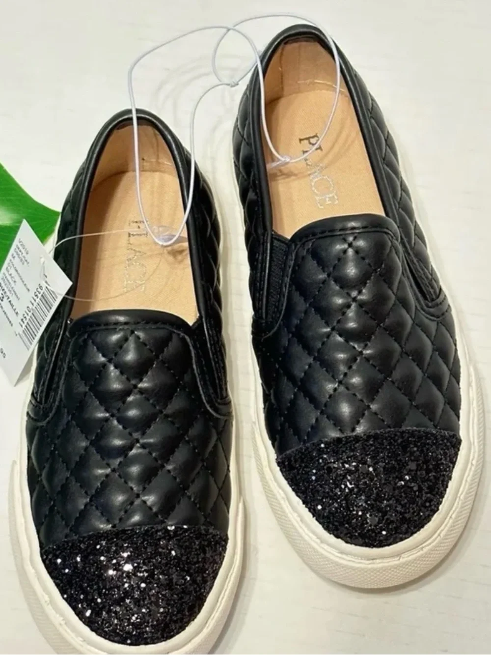 The Children's Place Quilted Black Slip-On Sneakers with Glitter Toe Caps